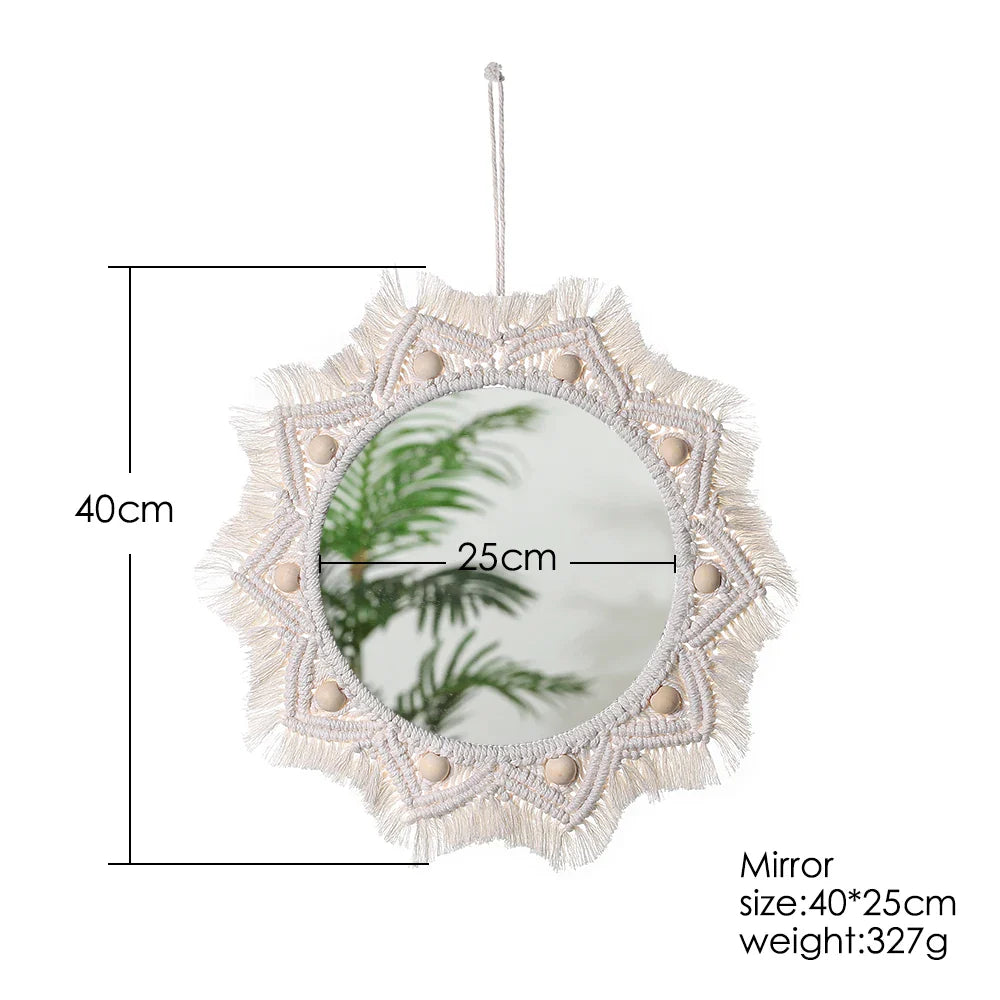 Boho Macrame Round Wall Mirror – Decorative Hanging Mirror for Bedroom & Living Room - Cream with Hanging Leaves