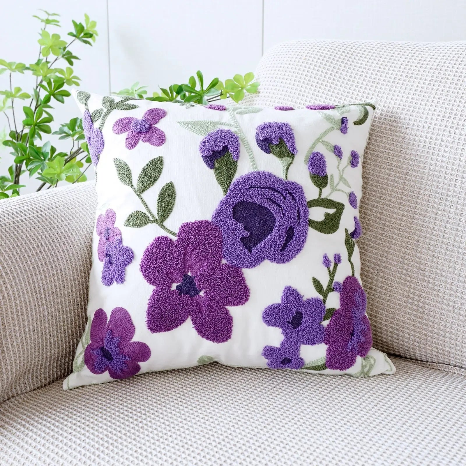 Embroidered Flower Throw Pillow Cover – Plant Design Decorative Cushion for Sofa, Chair & Bed