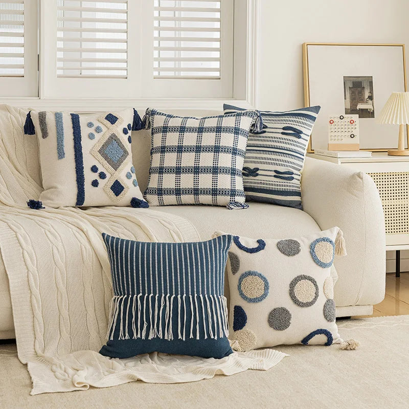 Nordic Tufted Cushion Cover – Geometric Stripe & Grid Crochet with Tassels for Sofa, Bed & Home Decor