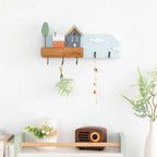 🏡 Fairytale Town Wall Hook Rack – Boho Wooden Key Holder & Decorative Village Scene Organizer