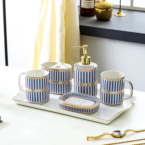 Ivory Porcelain & Gold-Plated Ceramic Bathroom Set – Pink Stripes