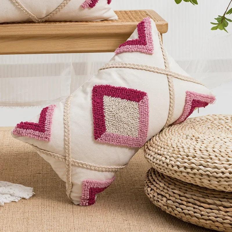 Nordic Tufted Cushion Cover – Geometric Stripe & Grid Crochet with Tassels for Sofa, Bed & Home Decor