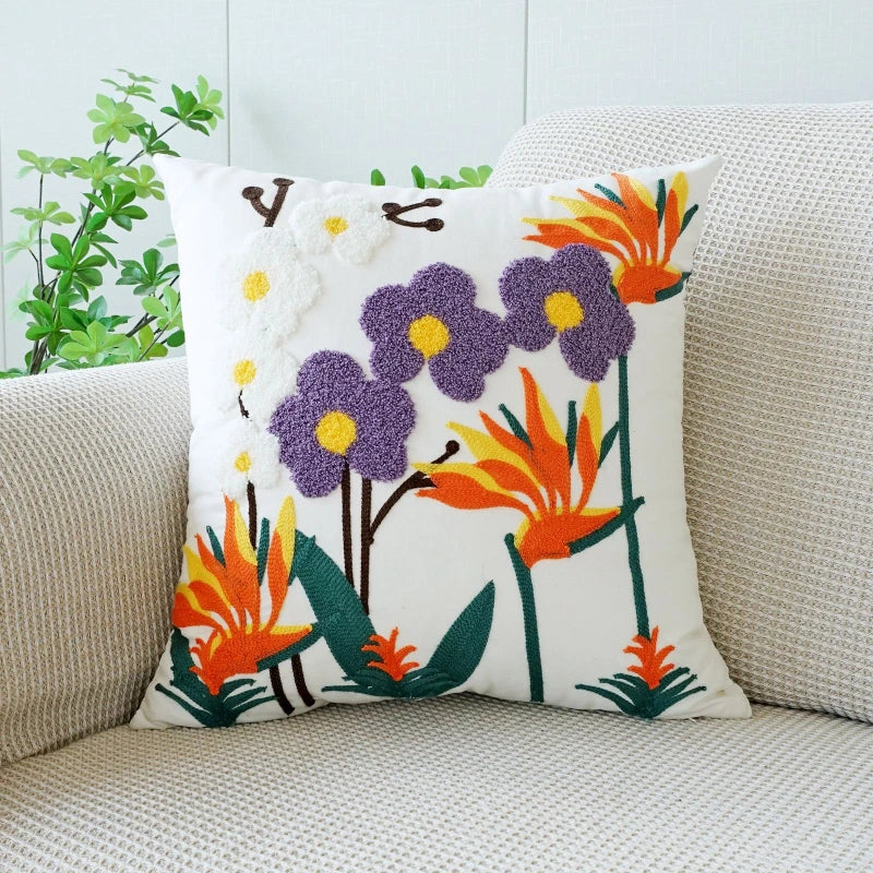 Embroidered Flower Throw Pillow Cover – Plant Design Decorative Cushion for Sofa, Chair & Bed