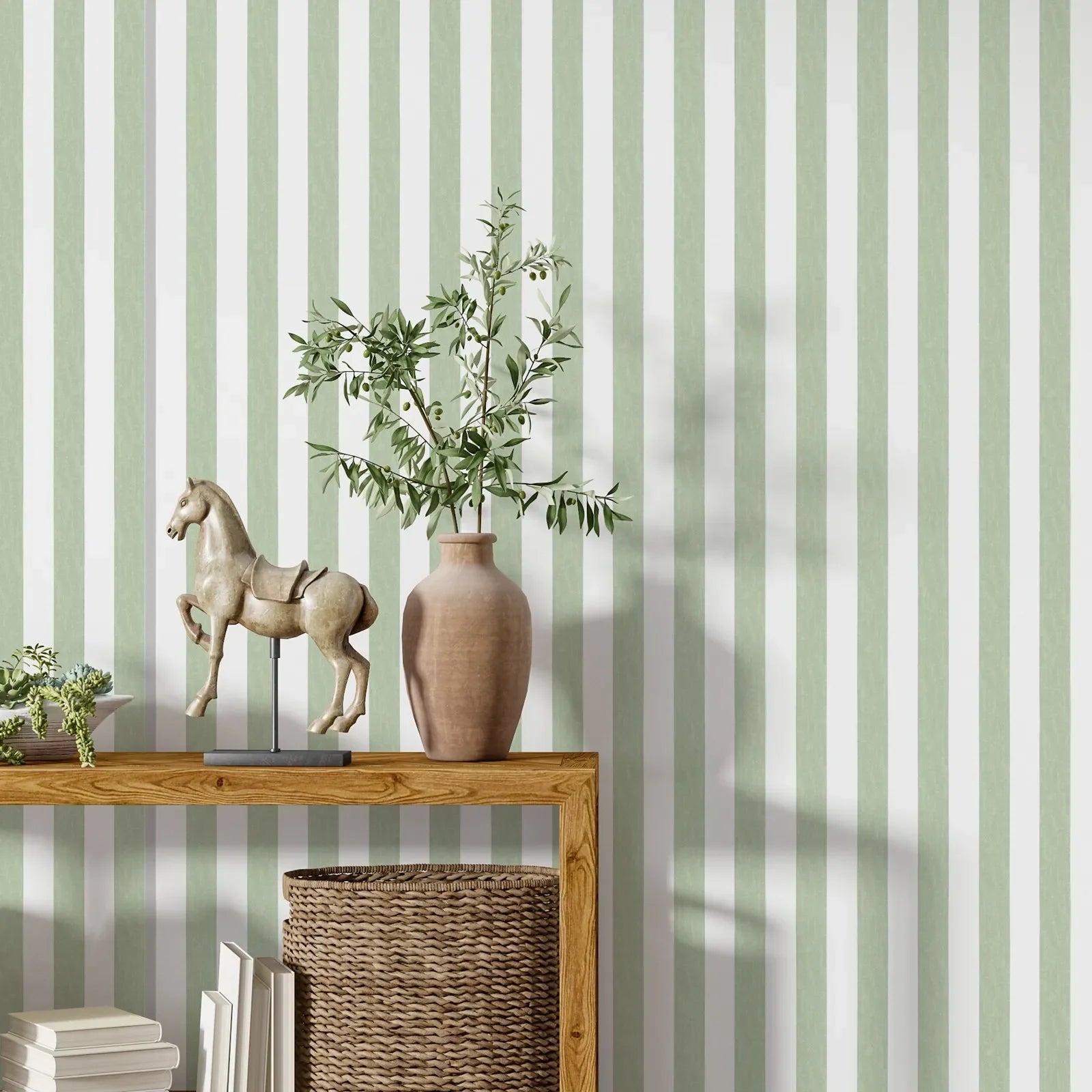 Modern Green & White Striped Wallpaper – Peel and Stick, Waterproof Wall Mural