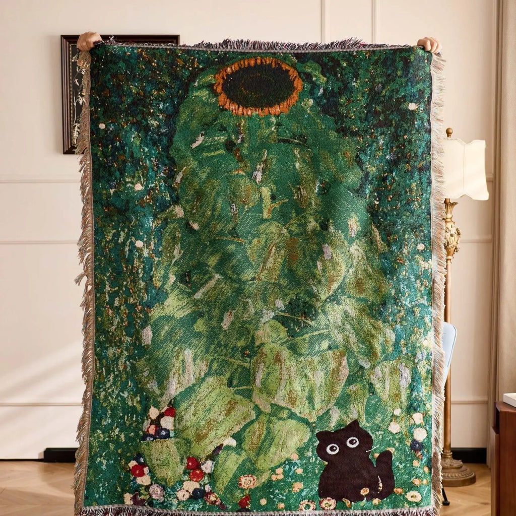 Cat Woven Throw Blanket – Jacquard Tapestry Sofa Cover for Cozy Home & Picnic Use