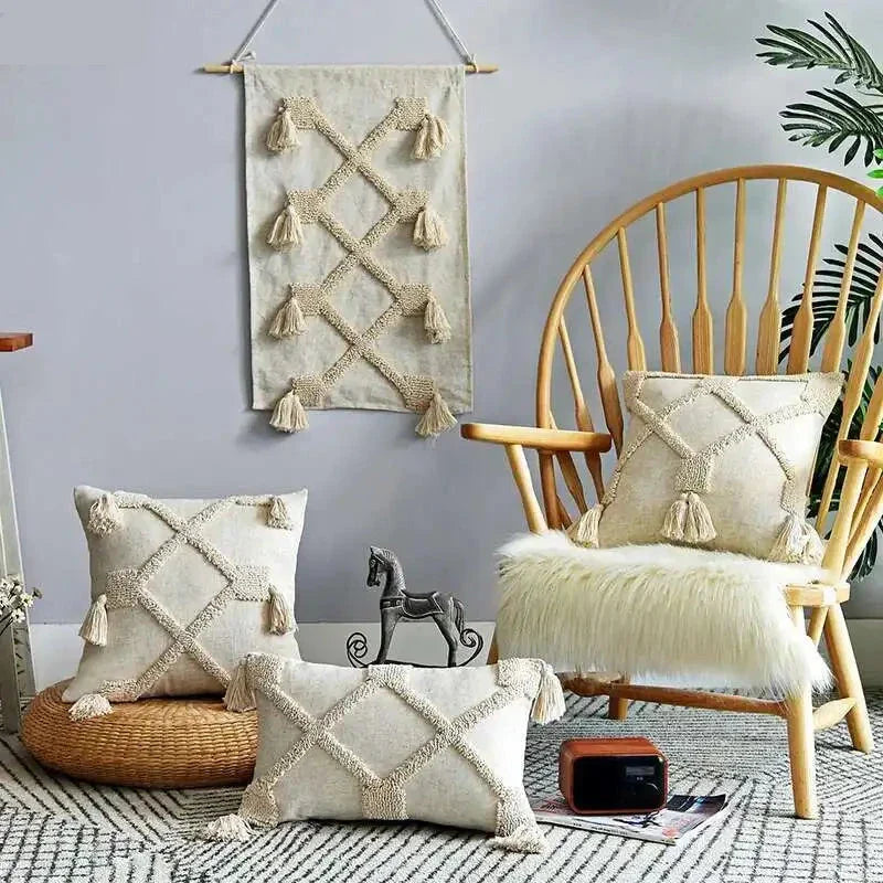 Boho Neutral Tufted & Tasseled Throw Pillow Case