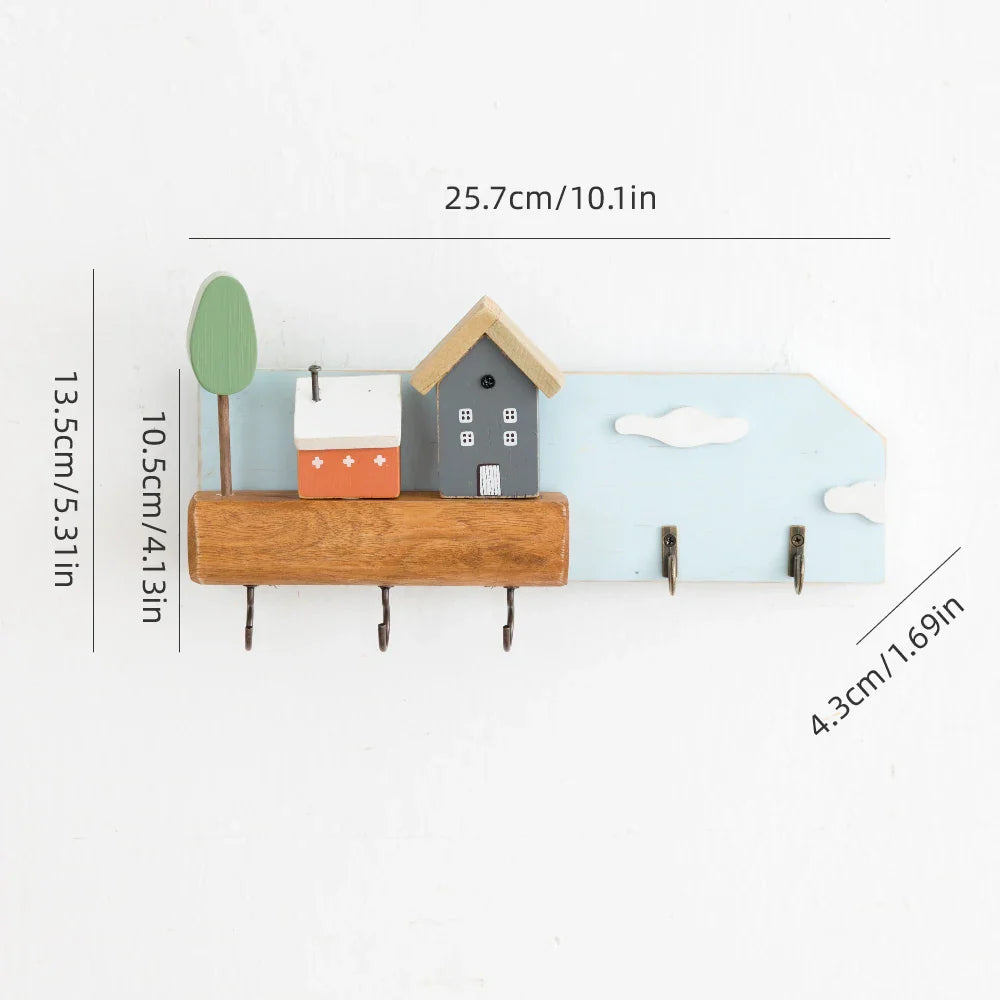 🏡 Fairytale Town Wall Hook Rack – Boho Wooden Key Holder & Decorative Village Scene Organizer