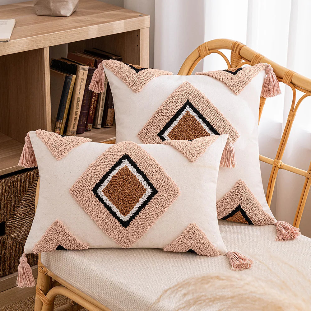 Tufted Bohemian Throw Pillow Cover – Geometric Embroidered Cushion with Tassels