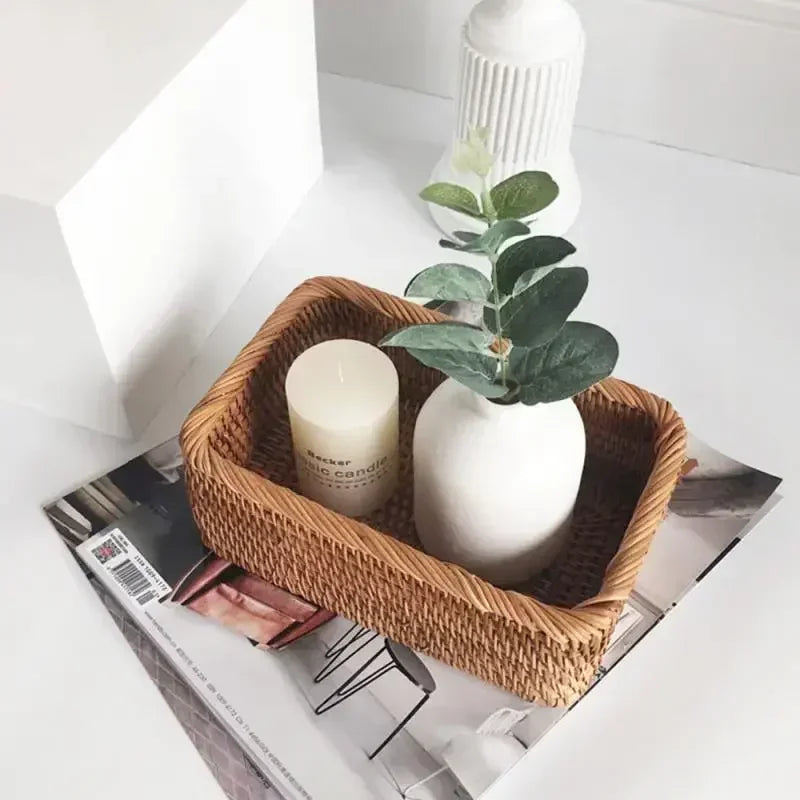 Handwoven Rectangular Rattan Basket – Boho Wicker Storage Bin for Fruit, Snacks, Tea, Bread, or Home Organization