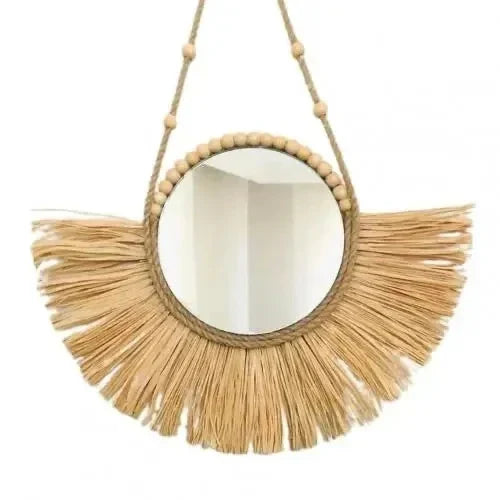 Boho Macrame Wall Art – Woven Straw & Cotton Rope Round Mirror, Clock & Wall Art| Nordic Wedding Decor & Boho Home Accent