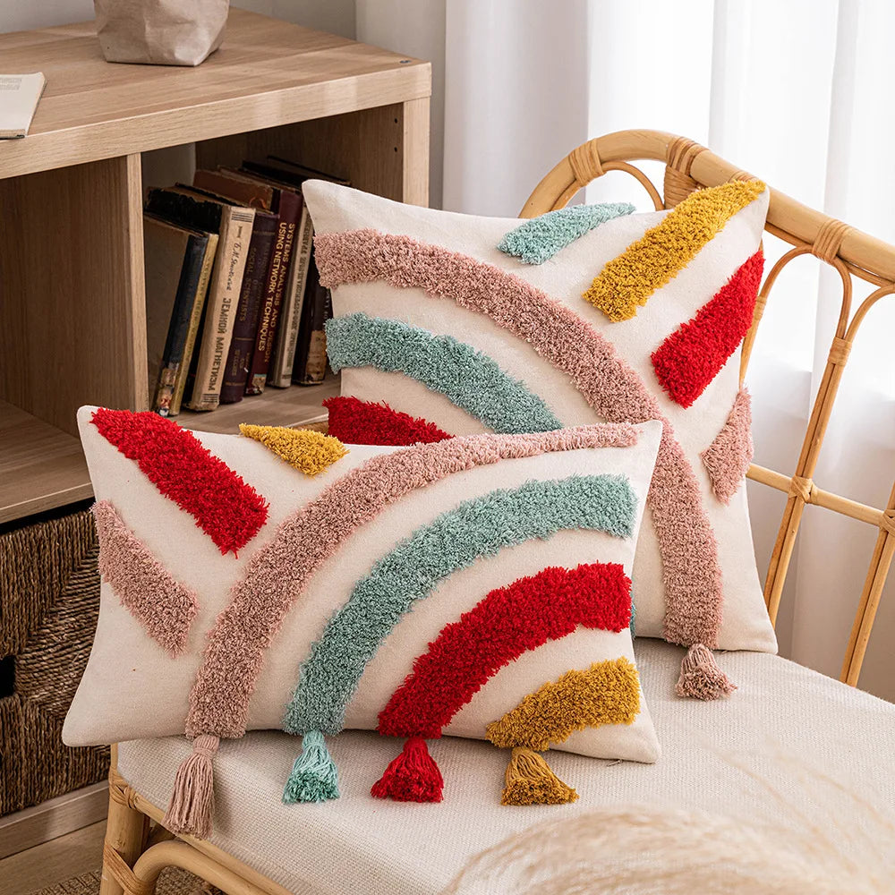 Tufted Bohemian Throw Pillow Cover – Geometric Embroidered Cushion with Tassels