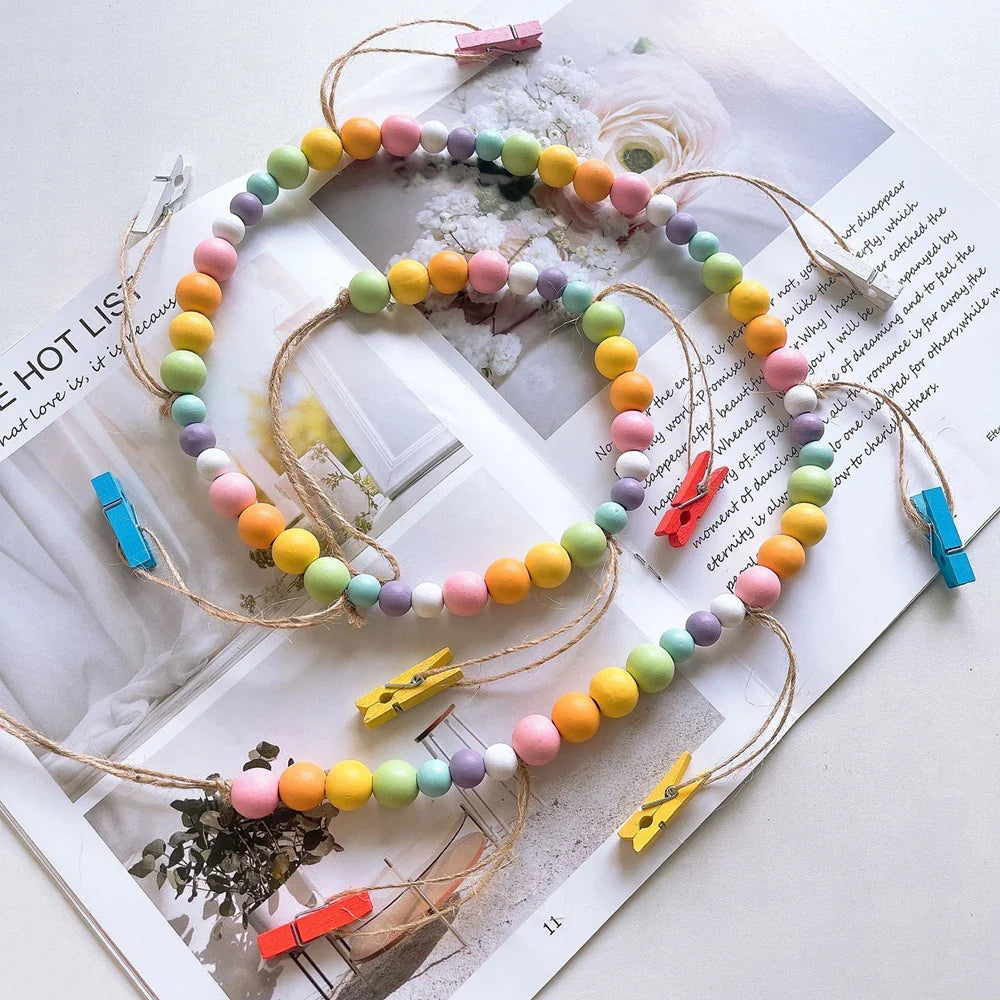 Boho Wall Hanging Photo Display with Wooden Beads & Clips