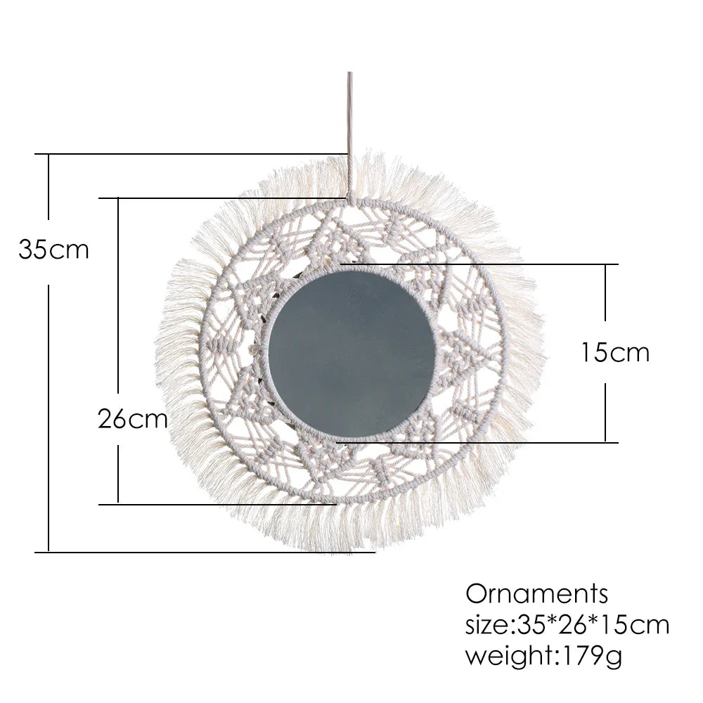 Boho Macrame Round Wall Mirror – Decorative Hanging Mirror for Bedroom & Living Room - Natural Knotted Sun