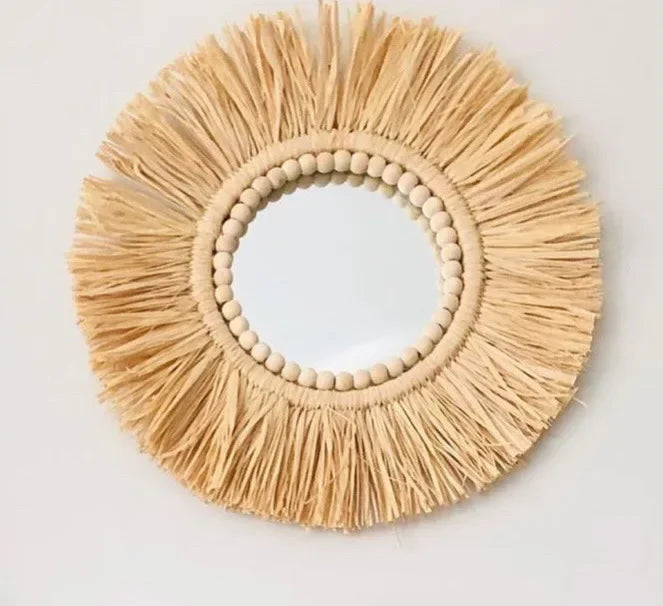 Boho Macrame Wall Art – Woven Straw & Cotton Rope Round Mirror, Clock & Wall Art| Nordic Wedding Decor & Boho Home Accent