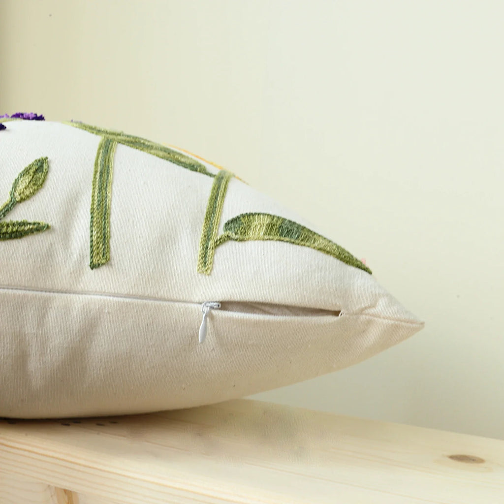 Sunflower & Lavender Embroidered Boho Throw Pillow Cover