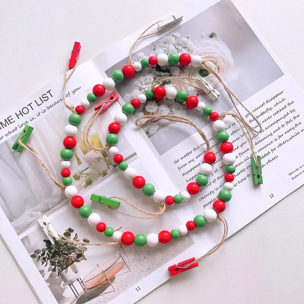 Boho Wall Hanging Photo Display with Wooden Beads & Clips