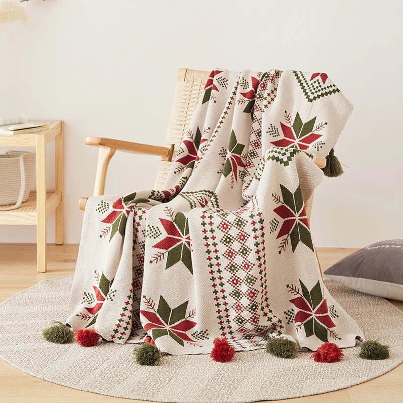 Bohemian Snowflake Fringed 100% Cotton Knit Throw Blanket