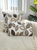 Leaf Embroidered Throw Pillow Cover – Canvas Cushion Cover for Boho Home Decor
