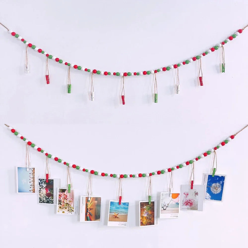 Boho Wall Hanging Photo Display with Wooden Beads & Clips