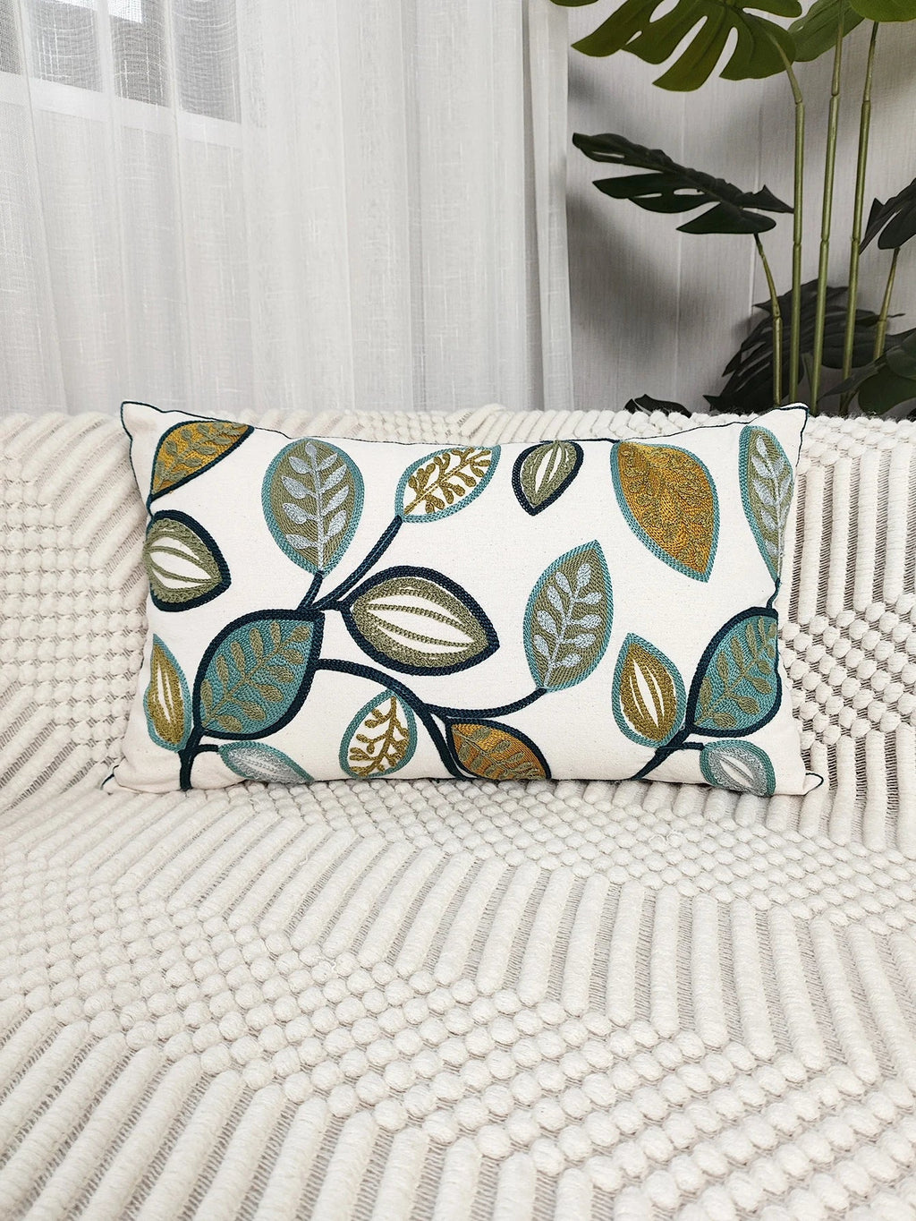 1pc Leaf Embroidered Canvas Throw Pillow Cover for Living Room and Home Decor Cushion Cover Pillowcase Leaves