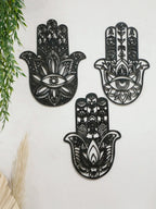 Wooden Gothic Hamsa Hand Wall Hanging – Evil Eye Ornament for Boho Home Decor, Dorm, or Table Display