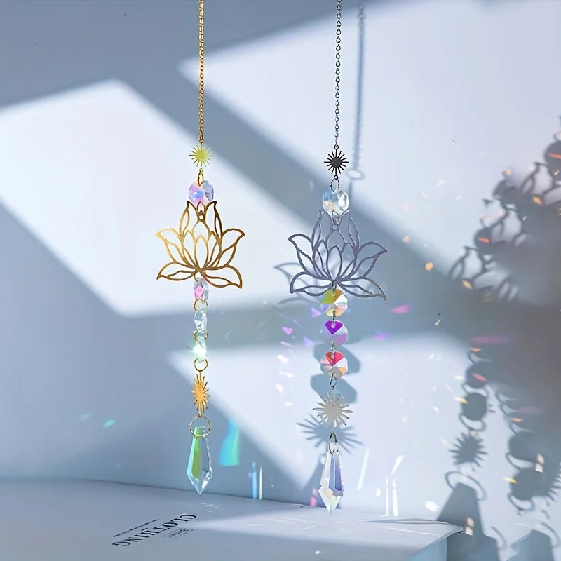 Metal Lotus & Crystal Boho Suncatcher – Handmade Sunlight Charm for Home & Garden