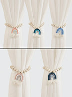 🌈 Magnetic Rainbow Curtain Tiebacks – Wooden Bead & Hemp Rope Holdbacks for Boho Home Decor