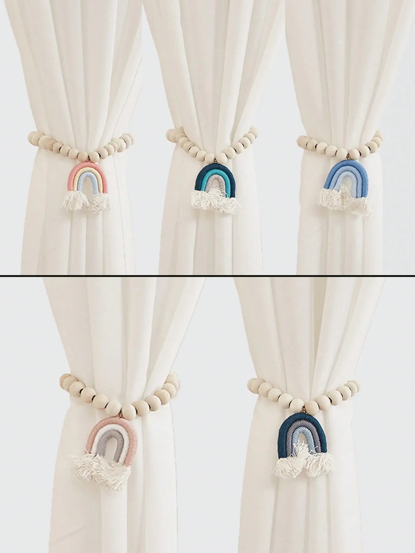 🌈 Magnetic Rainbow Curtain Tiebacks – Wooden Bead & Hemp Rope Holdbacks for Boho Home Decor