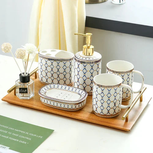 Ivory Porcelain & Gold-Plated Ceramic Bathroom Set – Striped Blue