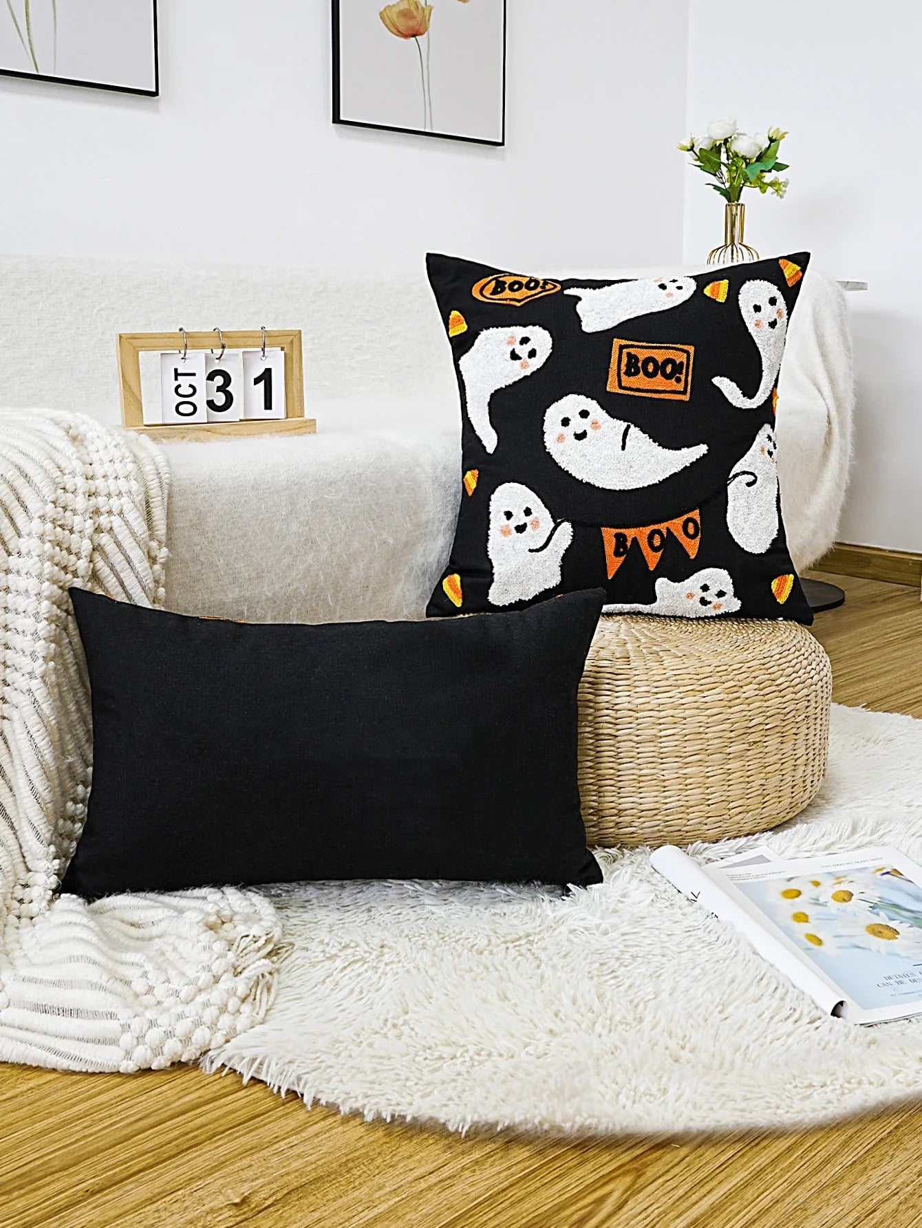 Halloween Ghost Embroidered Pillow Cover – Spooky Chic Accent for Sofa, Chair, or Bed