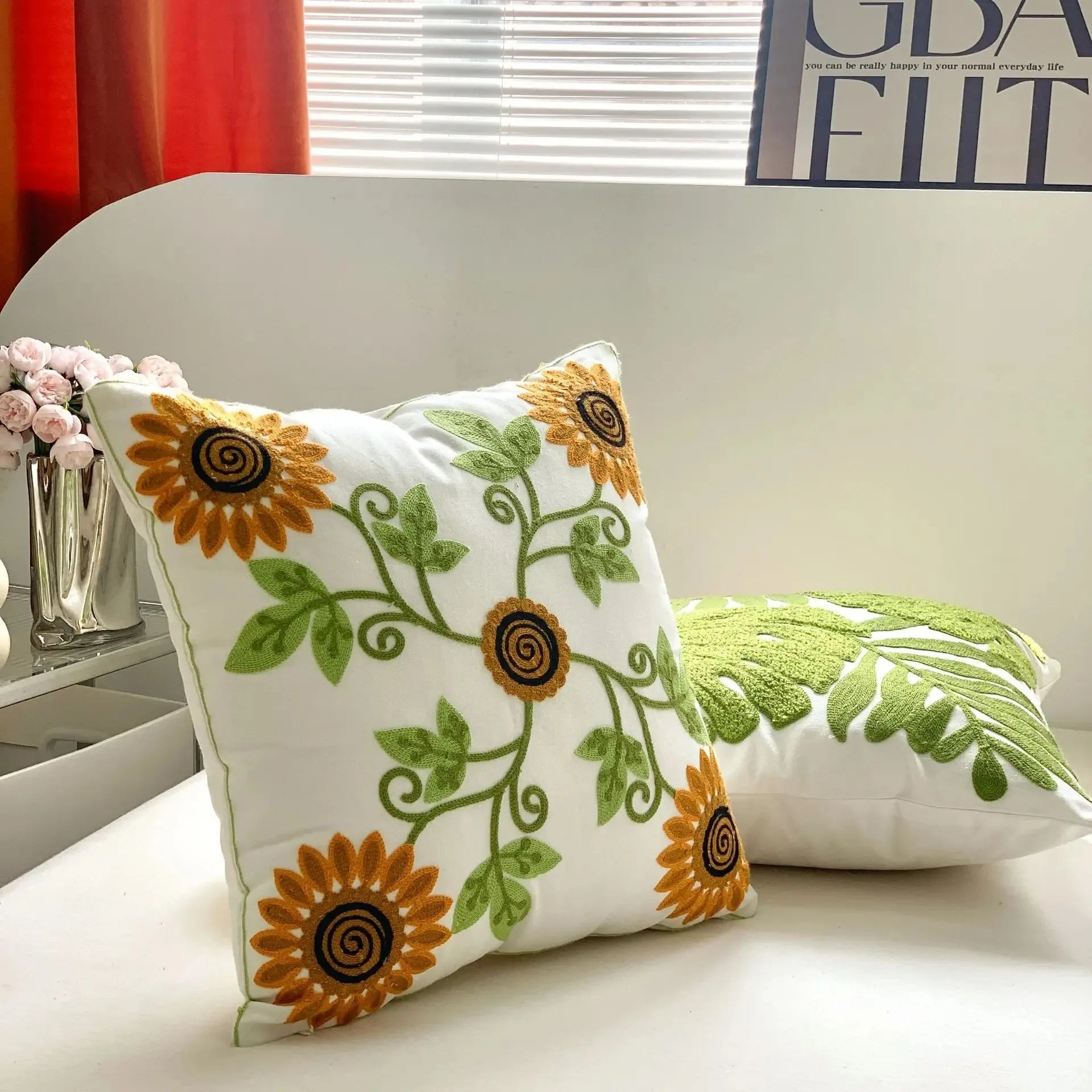 Flower Embroidered Plush Throw Pillow Cover – Minimalist Boho Cushion for Sofa, Bed, or Chair | 18x18 Inch | Garden-Inspired Housewarming Gift
