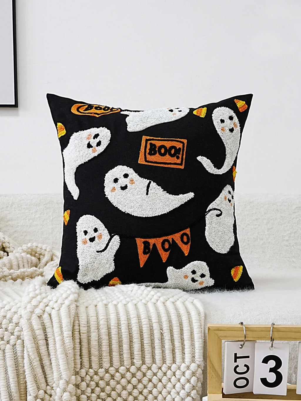 Halloween Ghost Embroidered Pillow Cover – Spooky Chic Accent for Sofa, Chair, or Bed