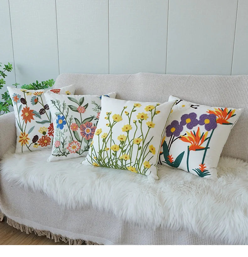 Embroidered Flower Throw Pillow Cover – Plant Design Decorative Cushion for Sofa, Chair & Bed