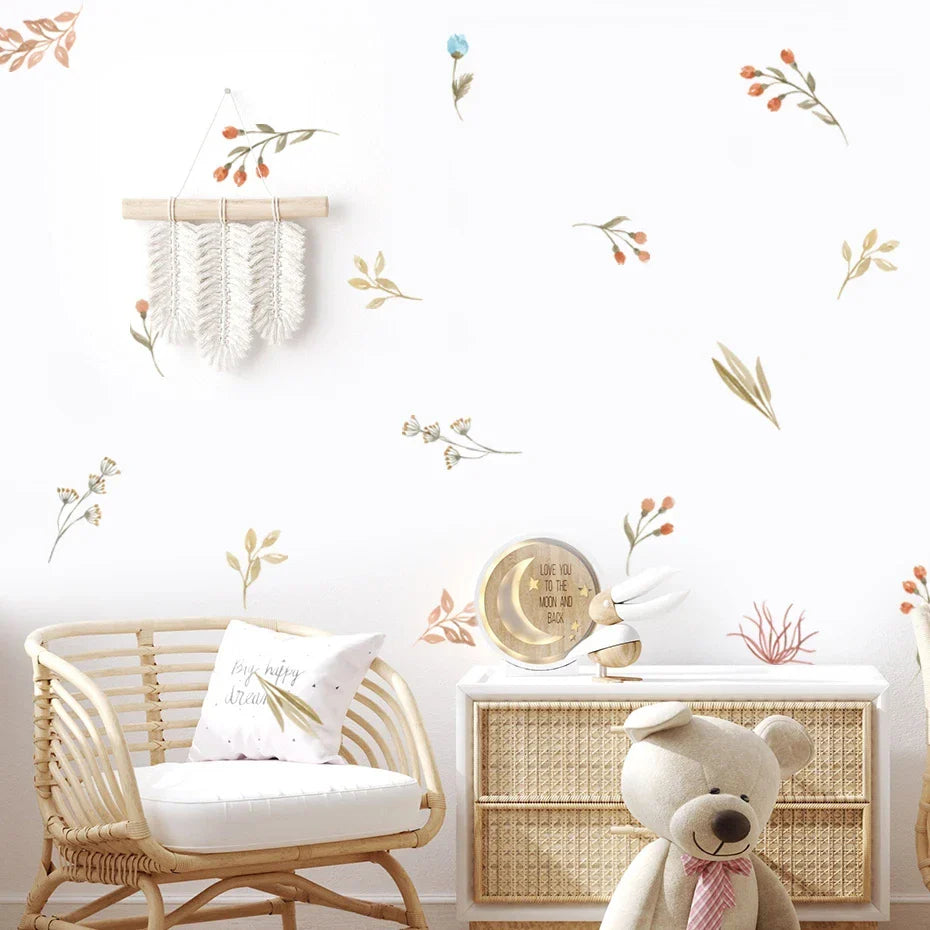 Boho Floral Leaf Wall Stickers – Removable 3D Vinyl Decals for Kids' Nursery & Home Decor - Pink Flowers
