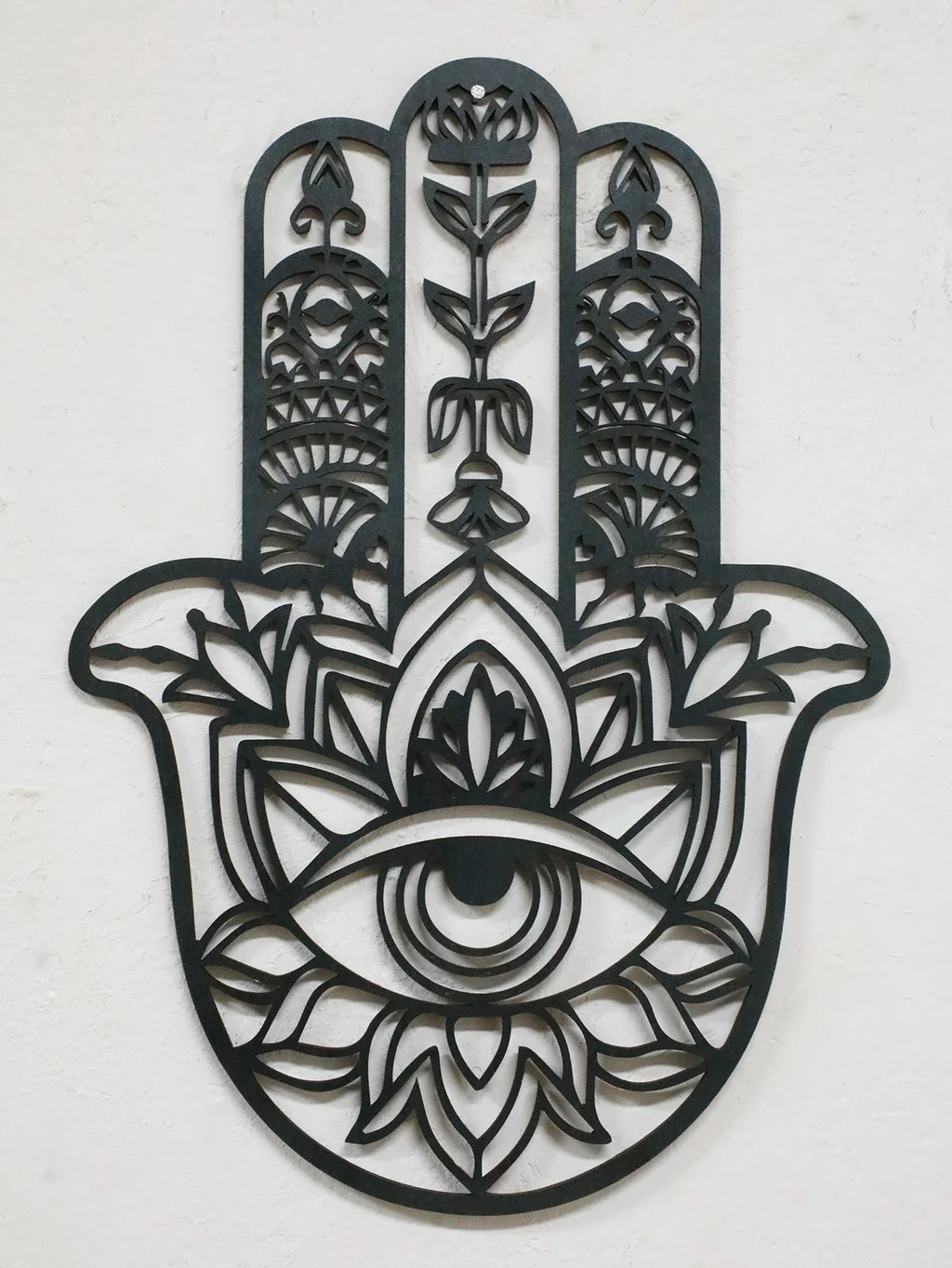 Wooden Gothic Hamsa Hand Wall Hanging – Evil Eye Ornament for Boho Home Decor, Dorm, or Table Display