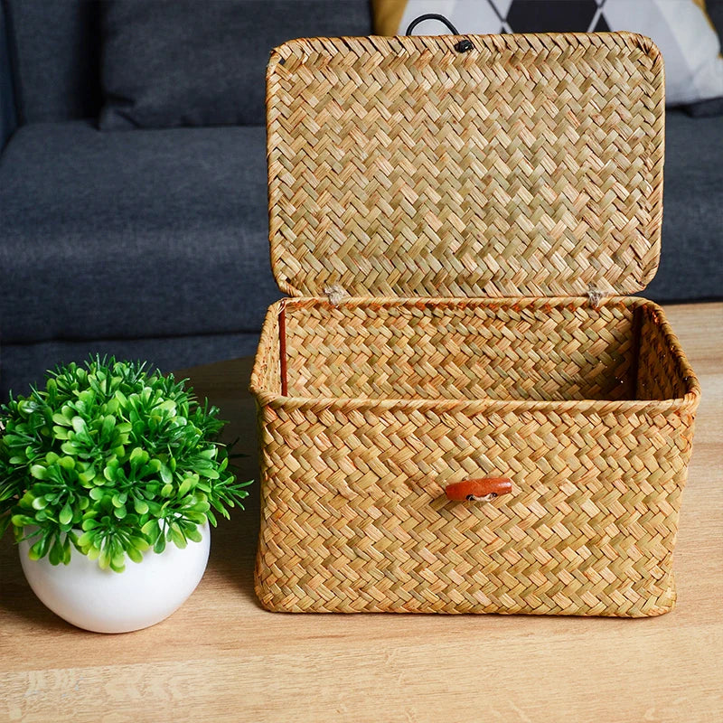 Handmade Seagrass Rattan Storage Box with Lid – Rectangular Woven Organizer Basket for Makeup, Office & Home Decor