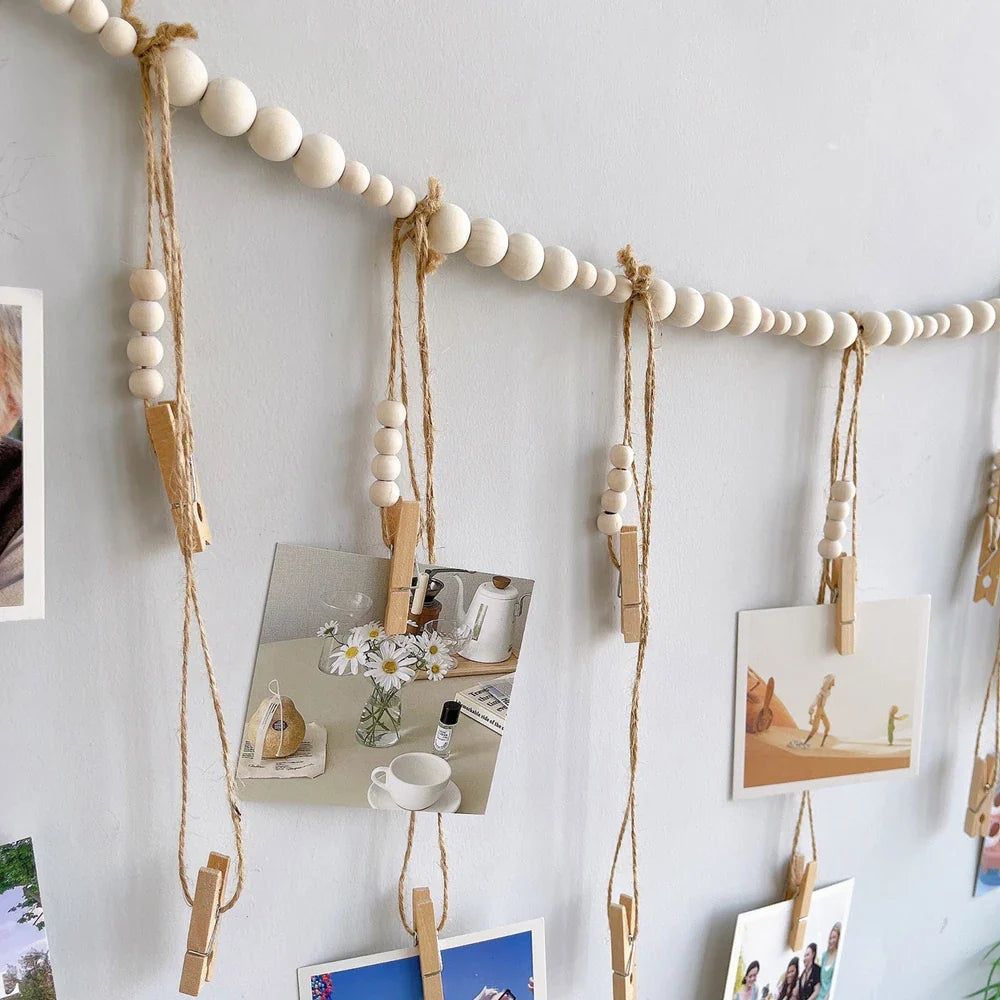 Boho Wall Hanging Photo Display with Wooden Beads & Clips