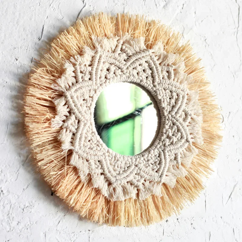 Boho Macrame Wall Art – Woven Straw & Cotton Rope Round Mirror, Clock & Wall Art| Nordic Wedding Decor & Boho Home Accent