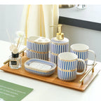 Ivory Porcelain & Gold-Plated Ceramic Bathroom Set – Pink Stripes