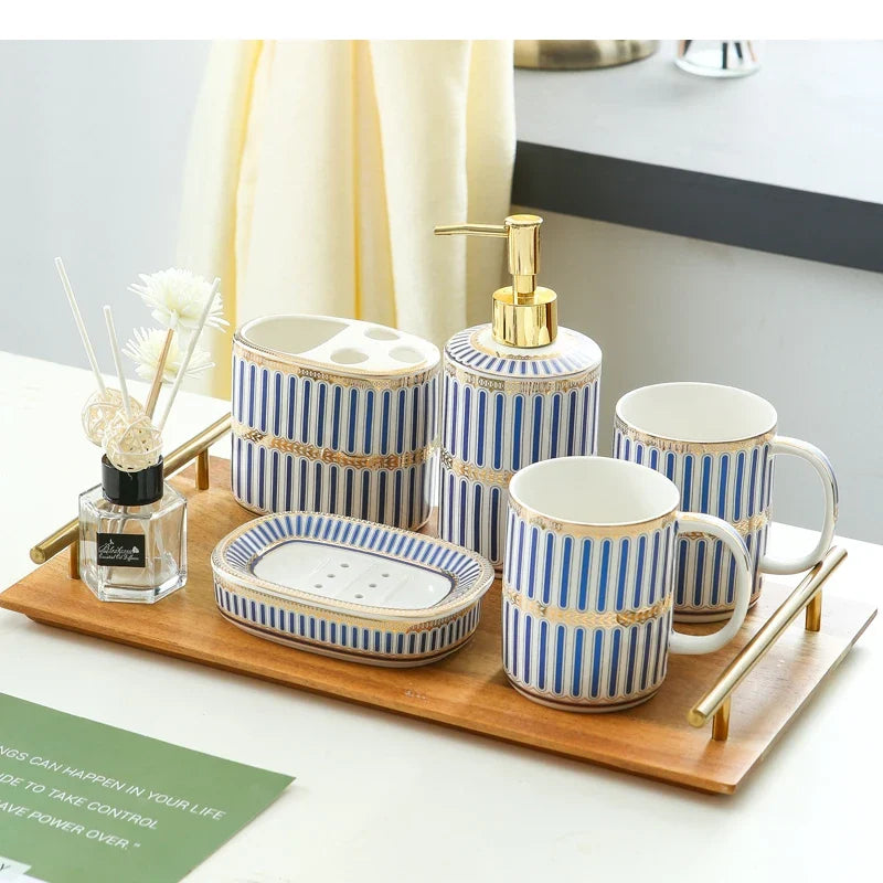 Ivory Porcelain & Gold-Plated Ceramic Bathroom Set – Pink Stripes