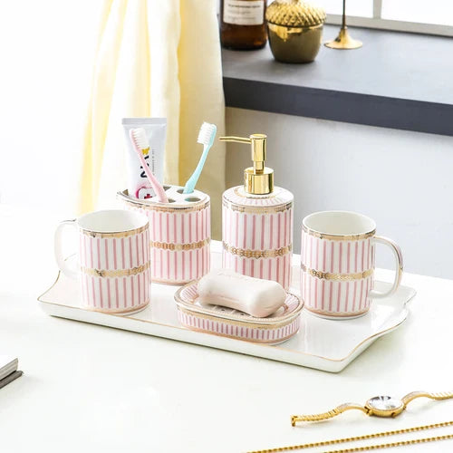 Ivory Porcelain & Gold-Plated Ceramic Bathroom Set – Black