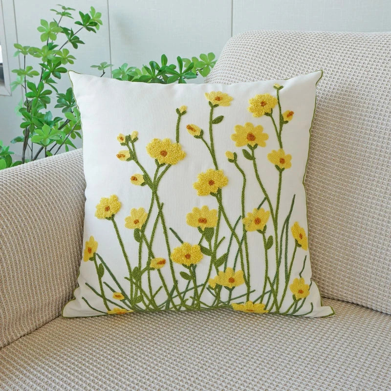 Embroidered Flower Throw Pillow Cover – Plant Design Decorative Cushion for Sofa, Chair & Bed