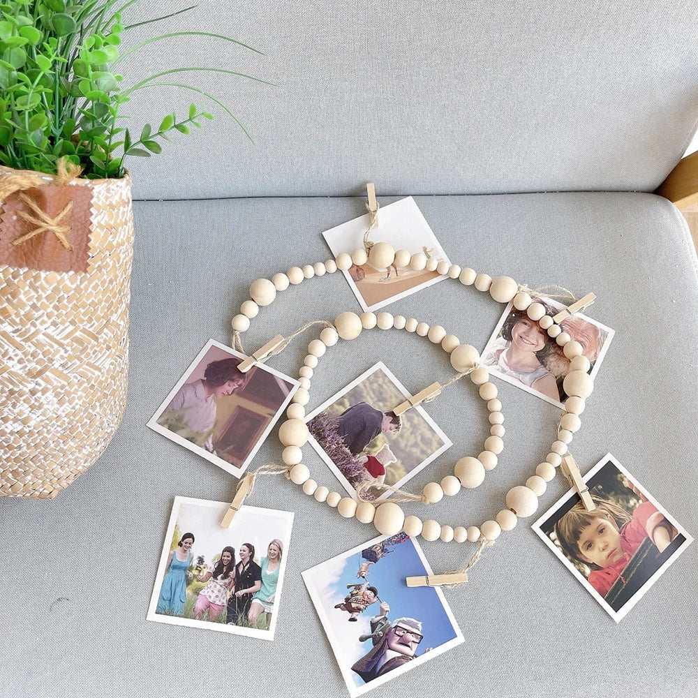 Boho Wall Hanging Photo Display with Wooden Beads & Clips