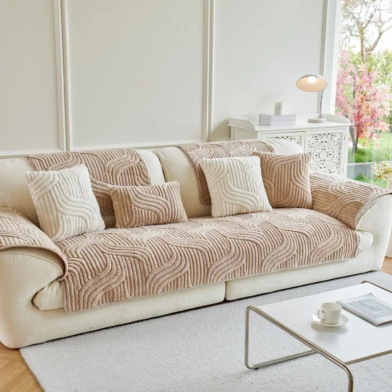 1PC Wave Striped Sofa Cover Solid Color Thicken Plush Sofa Towel Covers Non-slip Couch Slipcovers Sofa Mat for Living Room