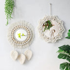 Boho Macrame Round Wall Mirror – Decorative Hanging Mirror for Bedroom & Living Room - Cream with Hanging Leaves