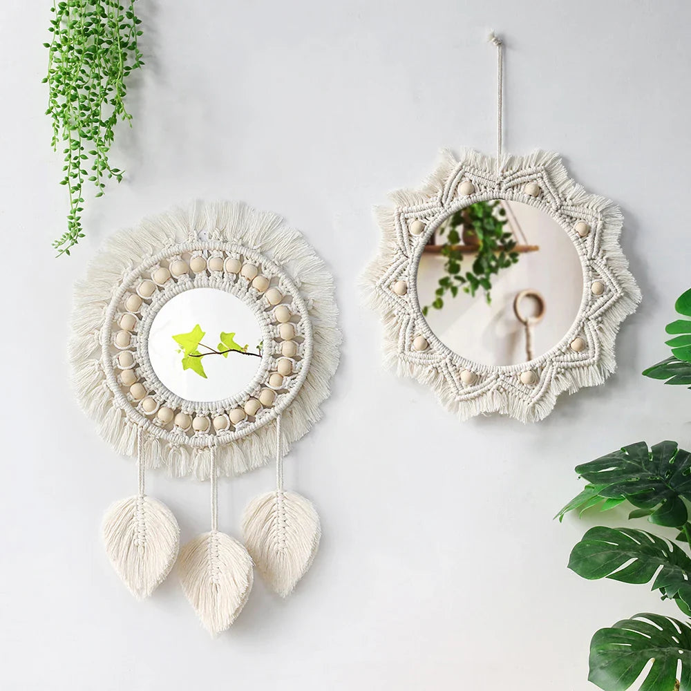 Boho Macrame Round Wall Mirror – Decorative Hanging Mirror for Bedroom & Living Room - Cream with Hanging Leaves