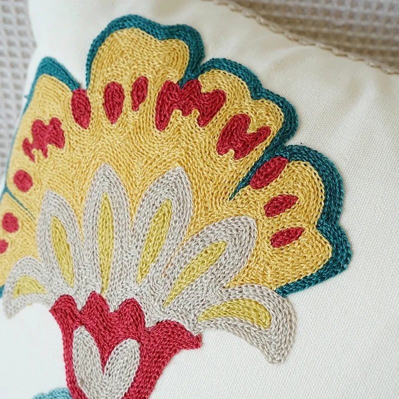 Embroidered Flower Throw Pillow Cover – Plant Design Decorative Cushion for Sofa, Chair & Bed