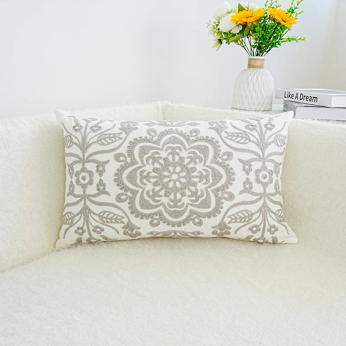 Gray Mandala Floral Embroidered Pillow Cover – Geometric Boho Home Decor Accent
