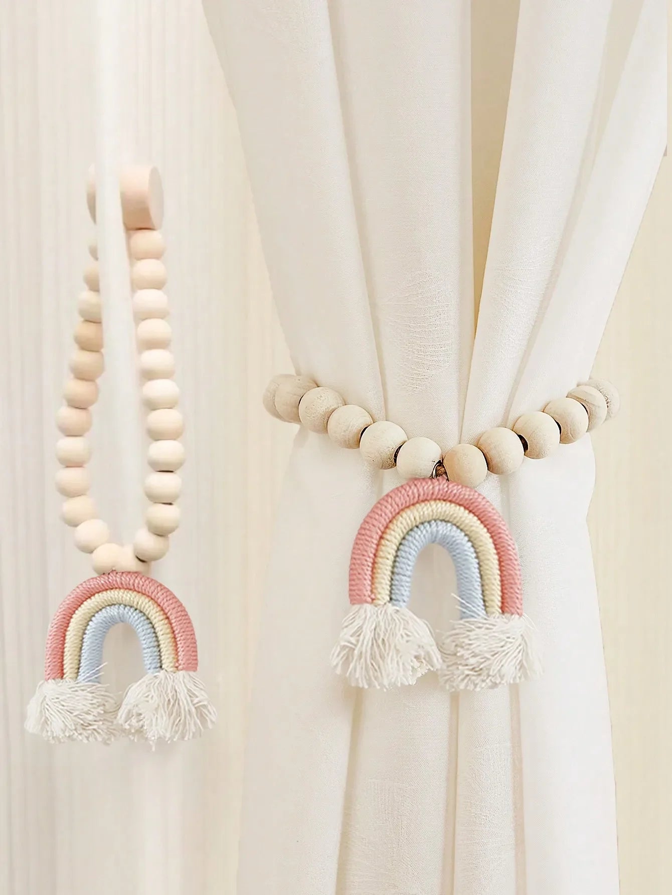 🌈 Magnetic Rainbow Curtain Tiebacks – Wooden Bead & Hemp Rope Holdbacks for Boho Home Decor