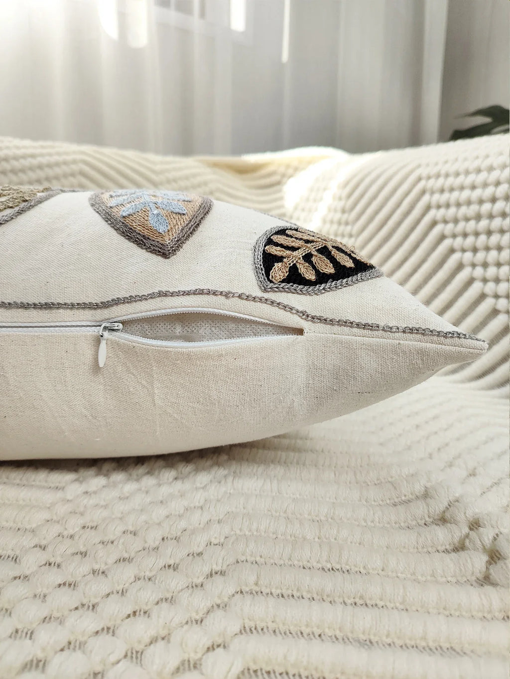 Leaf Embroidered Throw Pillow Cover – Canvas Cushion Cover for Boho Home Decor